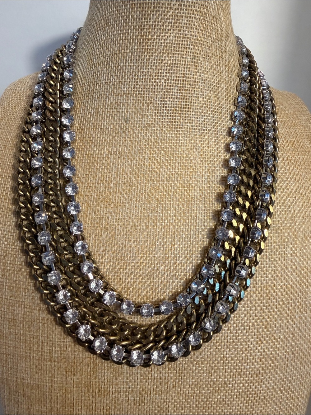 Vintage 1970’s Six Strand Brass and Rhinestone Necklace